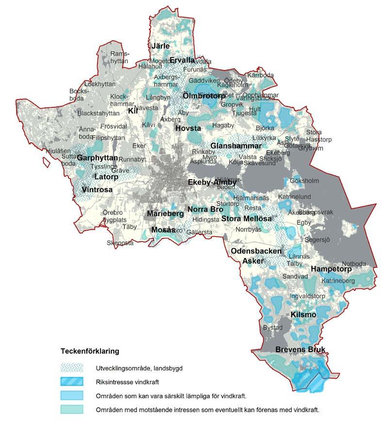 OMRÅDEN FÖR VINDKRAFTSETABLERING 11 Figur 8: utvecklingsområden på landsbygden samt lämpliga och möjliga områden för vindkraftsverk.