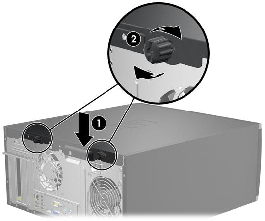 tryck sedan in den bakre delen av panelen mot enheten (2). Bild 2-2 Sätta tillbaka datorns åtkomstpanel 2.