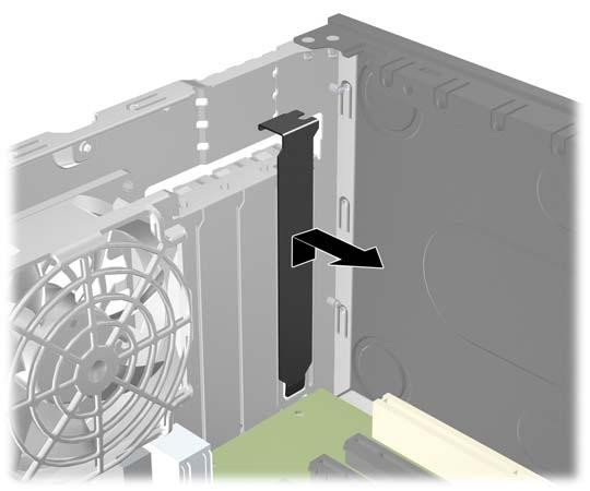 7. Frigör täckplåtens låshake som håller fast PCI-täckplåtarna genom att lyfta i den gröna fliken på haken och vrida haken till öppet läge 1. Bild 2-10 Öppna hållaren till expansionskortplatsen 8.