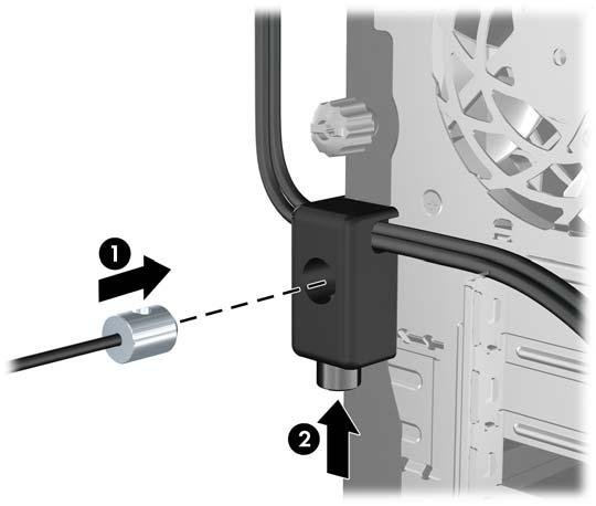 4. Sätt i pluggänden på säkerhetskabeln i låset (1) och tryck på knappen (2) för att låsa. Använd den bifogade nyckeln för att låsa upp.