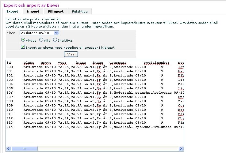 3. Gå in under Export/import och klicka på Elever.