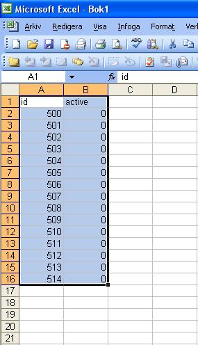 5. I kolumnen Active byter du ut siffran 1 mot siffran 0 (aktiva elever =1, inaktiva elever = 0). 6.