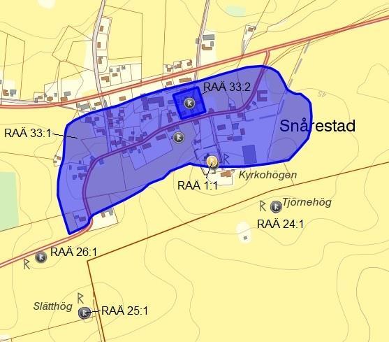 Figur 3. Karta som visar de fornlämningar som ligger närmast fastigheten Snårestad 32:17. Karta ur Riksantikvarieämbetets FMIS/fornsök.