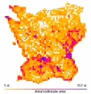 Figur 14. Karta för artpoolen rödlistade arter i Skåne, där antal arter presenteras per 2,5 x 2,5 kilometersruta.