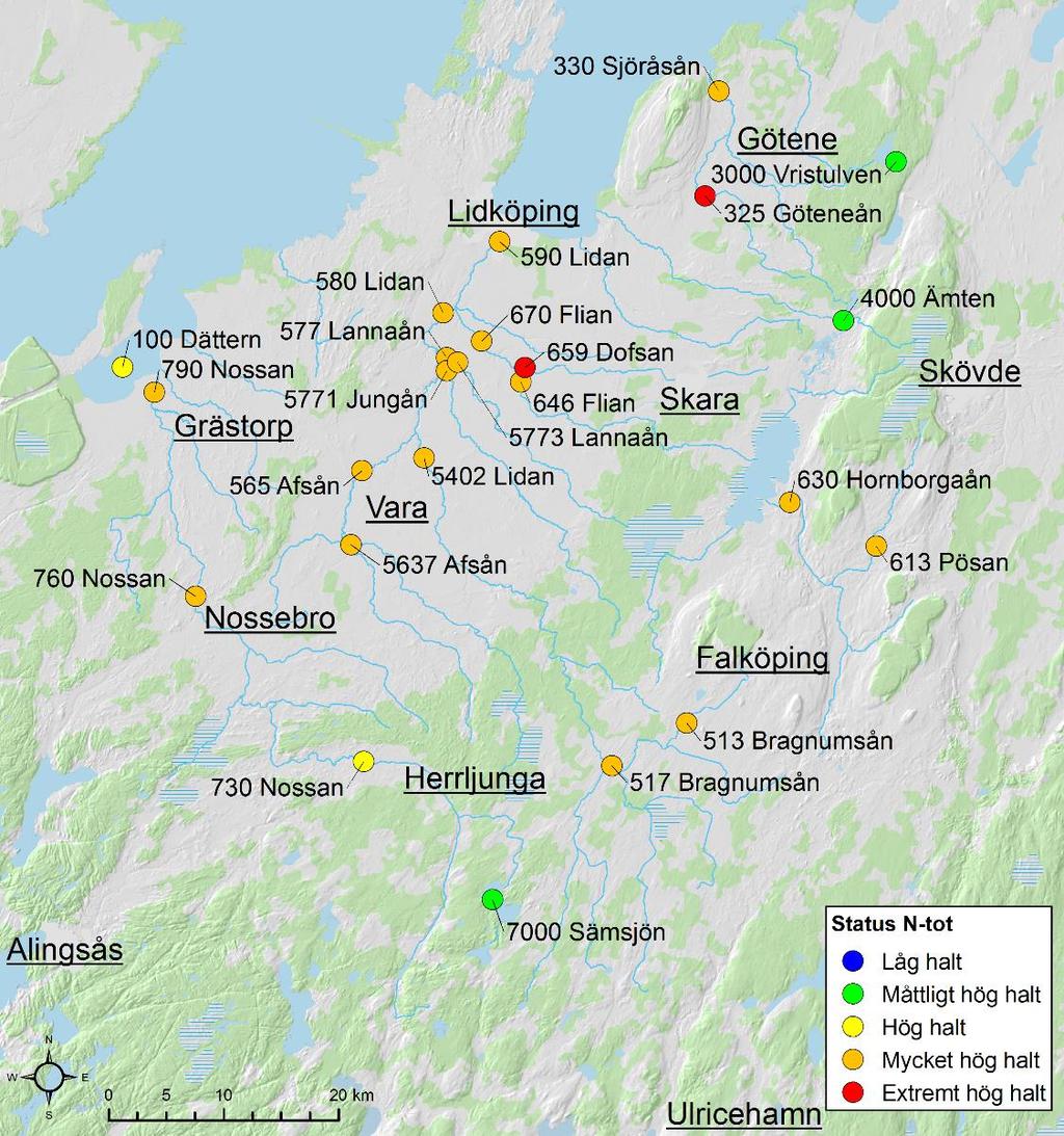 Medins Havs- och Vattenkonsulter AB Figur 7. Tillståndsklassning av totalkvävehalter baserat på 2016 års medelvärden vid stationerna i Vänerns sydöstra tillflöden.