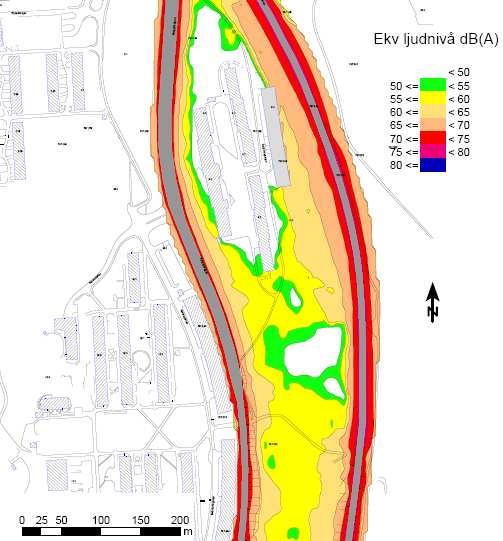 7 P-däck Figur 5.1 Ekvivalent ljudnivå (frifältsvärde) i området utan nya hus och med 70 km/h tillåten hastighet på Bergsjövägen och Mellbyleden. Som framgår av Figur 5.