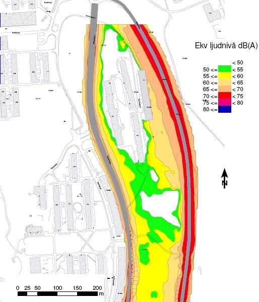 8 P-däck Figur 5.2 Ekvivalent ljudnivå (frifältsvärde) i området utan nya hus och med 50 km/h tillåten hastighet på Bergsjövägen och 70 km/h tillåten hastighet på Mellbyleden.