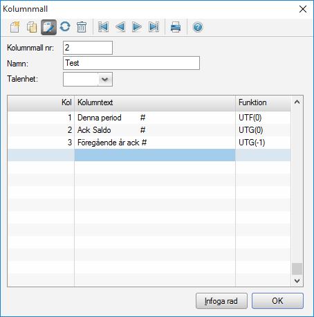 14. På nästa rad i Kolumntext skriver du: Ack Saldo #. 15. I Funktion skriver du UTG(0) som då är det utgående saldot för den period som du anger när du skriver ut rapporten.