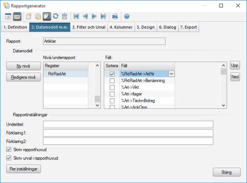 rapporter när du går in under Arkiv Mallar/Rapportgenerator Rapportgenerator. Denna information syns inte på rapporten när du skriver ut den. Fliken Datamodell m.
