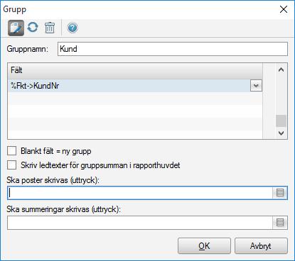 Gruppnamn Fält Ska poster skrivas (uttryck) Här skriver du in det namn som du vill att gruppen ska ha. Det namn du anger här blir även det namn som står vid Huvud per och Summa per.