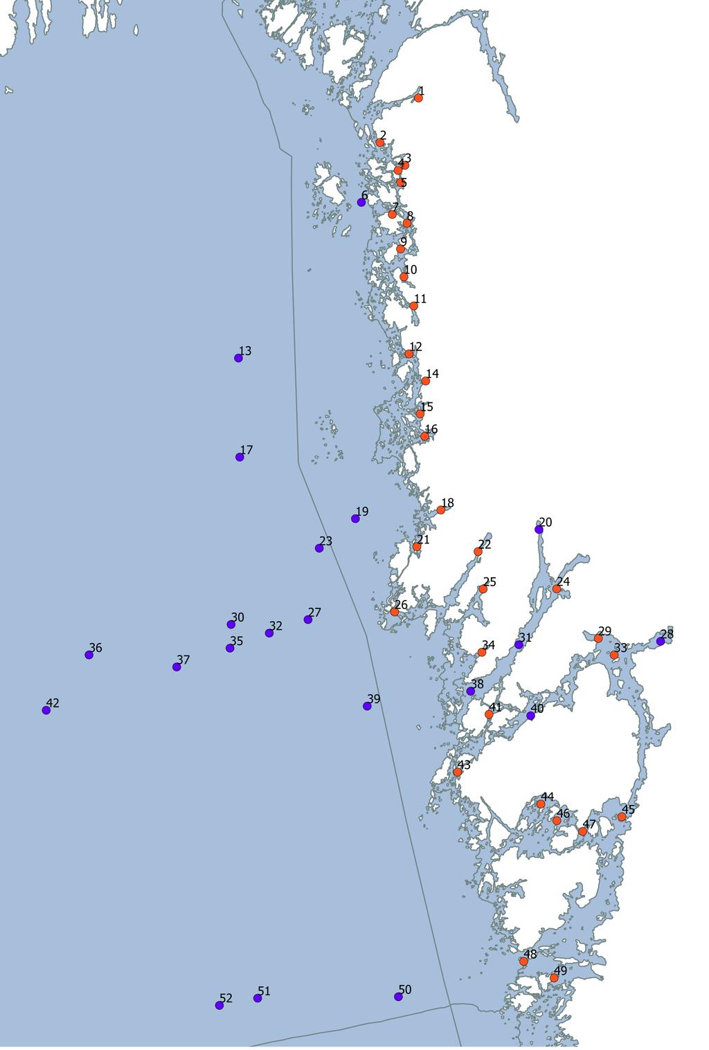 Fig. 1. Provtagningsstationer i Skagerraks havsregioner. Figuren visar de 52 provtagningstationer (nr. 1-52) som ingår i havsregionerna Skagerraks utsjö och Skagerraks kust.