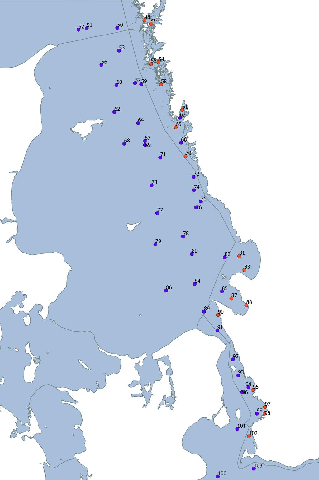 Fig. 2. Provtagningsstationer i Kattegats havsregioner. Figuren visar de 46 provtagningsstationer (nr. 53-99) som ingår i havsregionerna Kattegats utsjö och Kattegats kust.