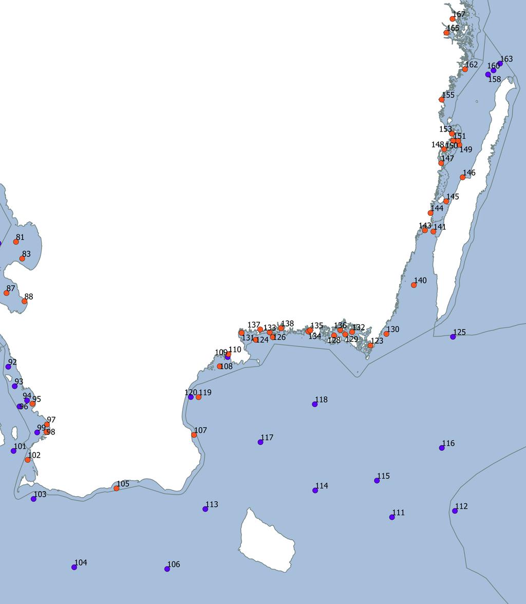 Fig. 3. Provtagningsstationer i Södra Eg. Östersjöns havsregioner. Figuren visar de 54 provtagningsstationer (nr. 100-163 i figuren) som ingår i havsregionerna Södra Eg. Östersjöns utsjö och Södra Eg.