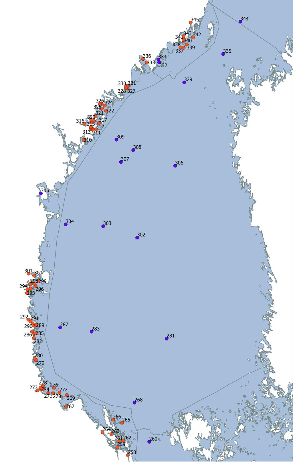 Fig. 5. Provtagningsstationer i Bottenhavets havsregioner. Figuren visar de 142 provtagningsstationer som ingår i havsregionerna Bottenhavets kust (nr.