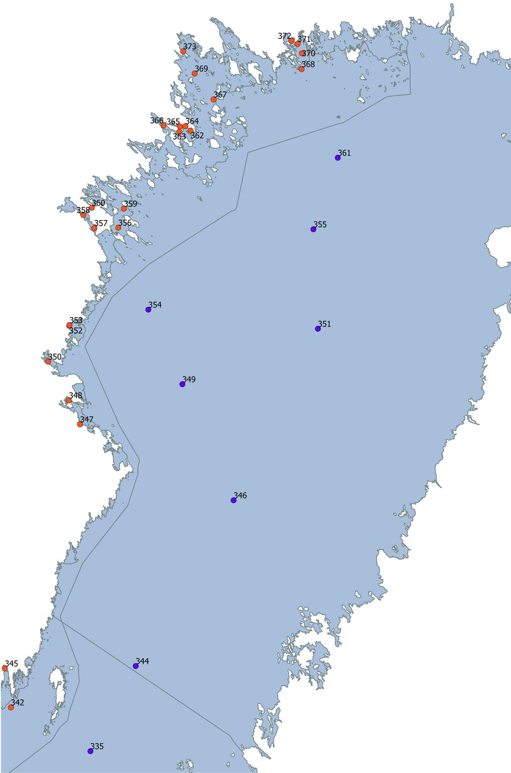 Fig. 6. Provtagningsstationer Bottenvikens havsregioner. Figuren visar de 30 provtagningsstationer som ingår i havsregionerna Bottenvikens kust (nr.