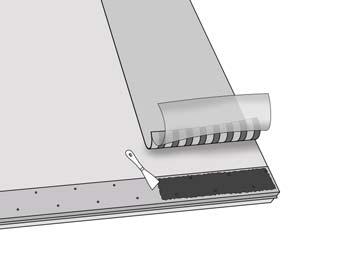 3 (6) Montering av Dual-membran 600 mm 500 mm Skär ett Dual-membran itu längs gränsen mellan den ströbelagda ytan och limytan. Remsornas längd ska motsvara takhalvans längd.