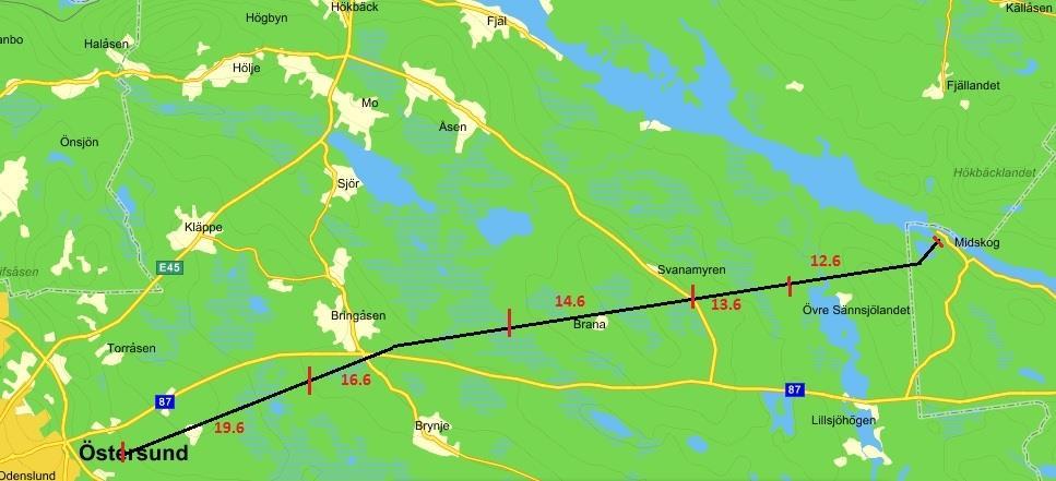 KARTBILAGA Vandrad sträckning av kraftledningsgata mellan Midskog och Verksmon, med dagsetapper utsatta. Rovfågelstudier 15 juni. Observationsplats = A.