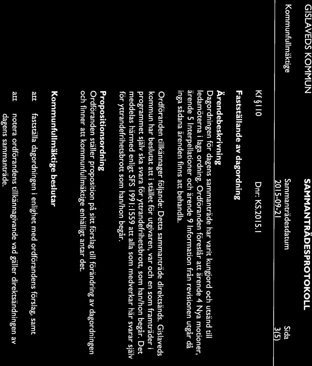 2015-09-21 3(5 Kfll0 Dnr:KS.2015.l Fastställande av dagordning Ärendebeskrivni ng Dagordningen för dagens sammanträde har varit kungjord och utsänd till ledamöterna i laga ordning.