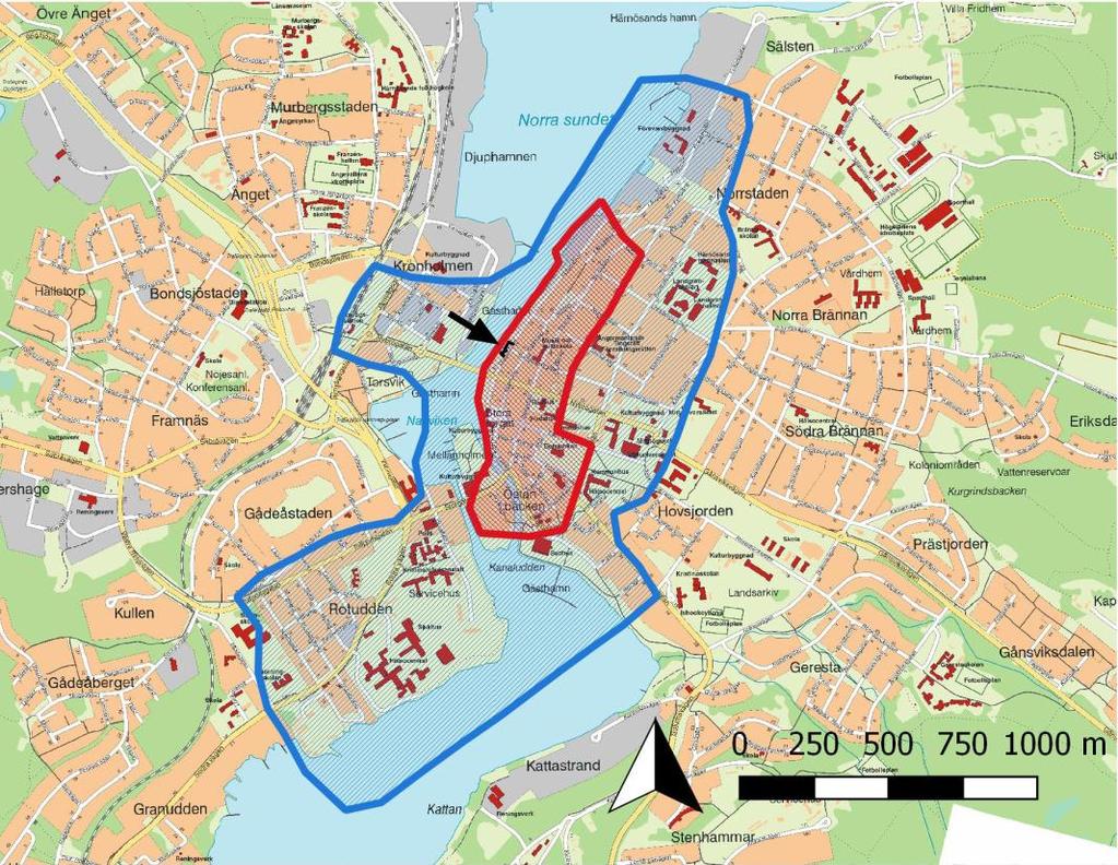 Figur 1. Härnösand. De dokumenterade schakten är markerad med svart pil.