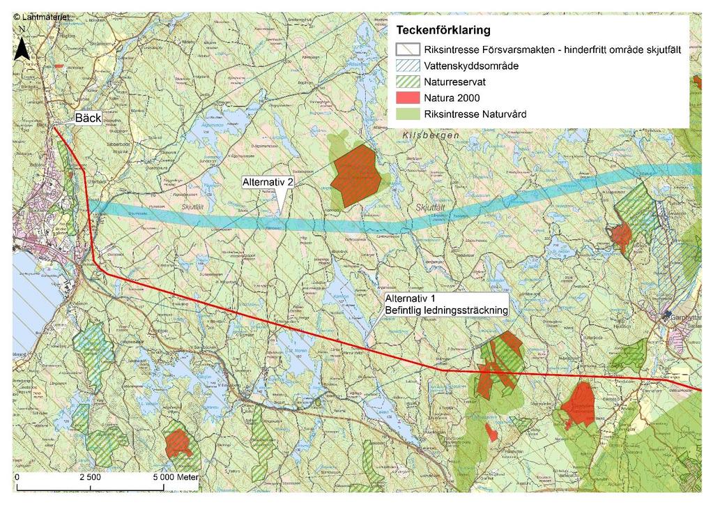 Figur 5, alternativ 2, västra delen. 2.6. Alternativ 3 Stråket är i möjligaste mån anpassat att i första hand undvika bostäder, samt skyddade naturområden.