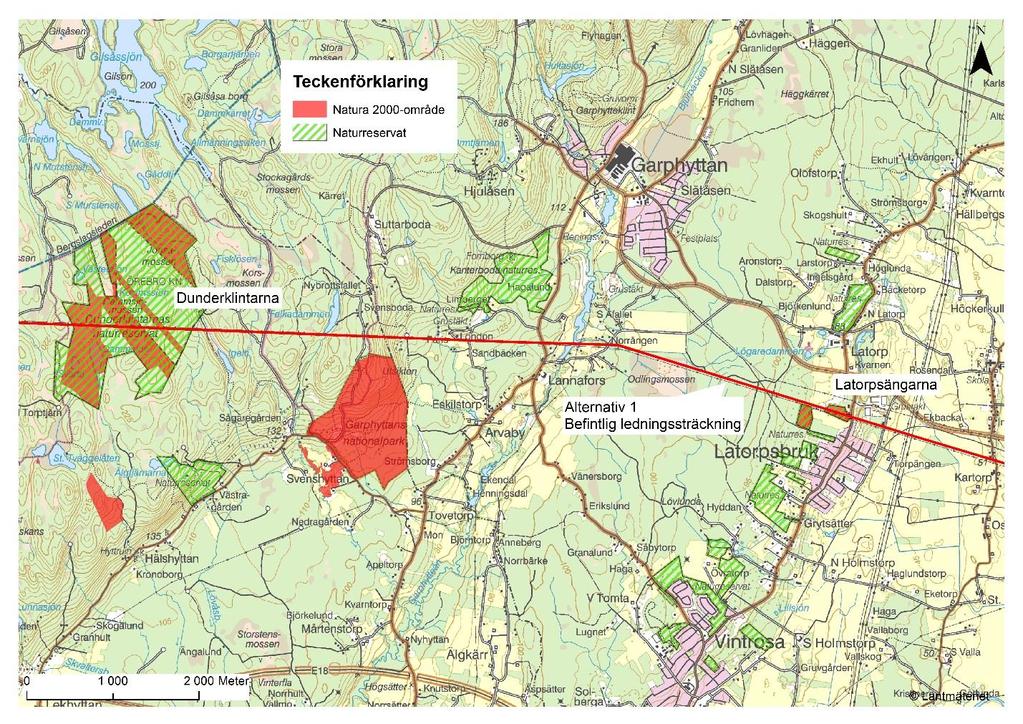Knista 34:1 Fornlämning Gravfält Ligger i utkant av stråkalternativ, kan undvikas. 4.2. Naturmiljö 4.2.1. Alternativ 1 4.2.1.1. Naturreservat och Natura 2000-områden Ledningen L1 sträcker sig genom två naturreservat: Latorpsängarna och Dunderklintarna.
