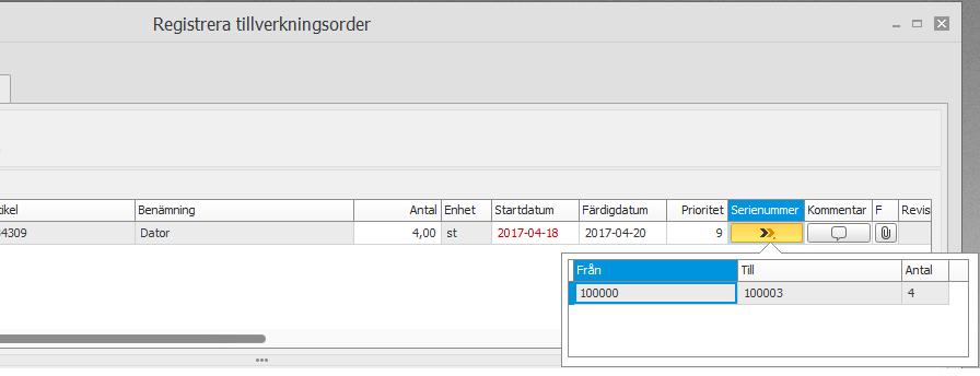 Registrera tillverkningsorder Spårbarhet på serienummernivå När tillverkningsorder skapas på artiklar med spårbarhetsnivå Serienummer så kommer serienummer alltid att