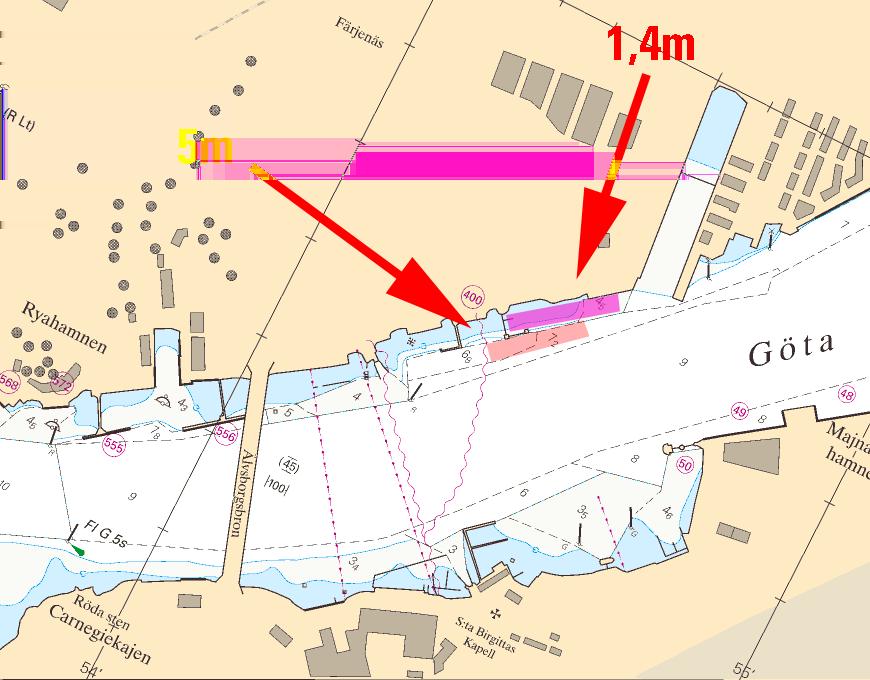 Efter byggandet av påseglingsskydd vid kaj 400 har en sjömätning av området genomförts. Sjömätningarna har påvisat uppgrundningar som ej finns redovisade i sjökortet.