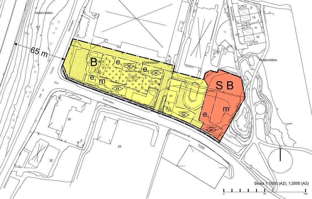 Figur 5: Karta över området från detaljplaneförslaget. Kv Sömnaden delas in vägren, område B och område SB. I området närmast vägen förväntas ingen stadigvarande vistelse ske.