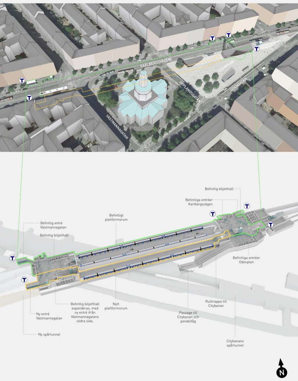 exempel installation av brandgasventilation och brandlarm kommer genomföras på plattformen för att öka säkerhetsnivån. Figur 7. Översikt över station Odenplan.