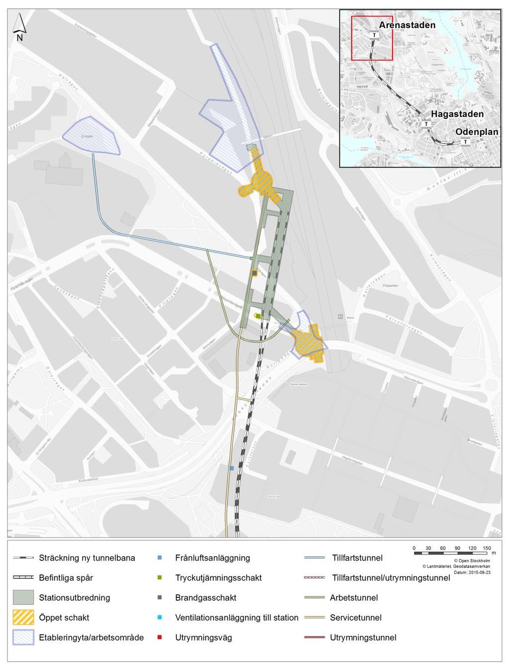 Figur 12. Station Arenastaden under byggskedet. 3.2.3 Säkerhetskoncept Som en del av säkerhetsarbetet inom FUT har ett säkerhetskoncept för olycka utvecklats gällande de nya tunnelbanesträckningarna under driftskedet.