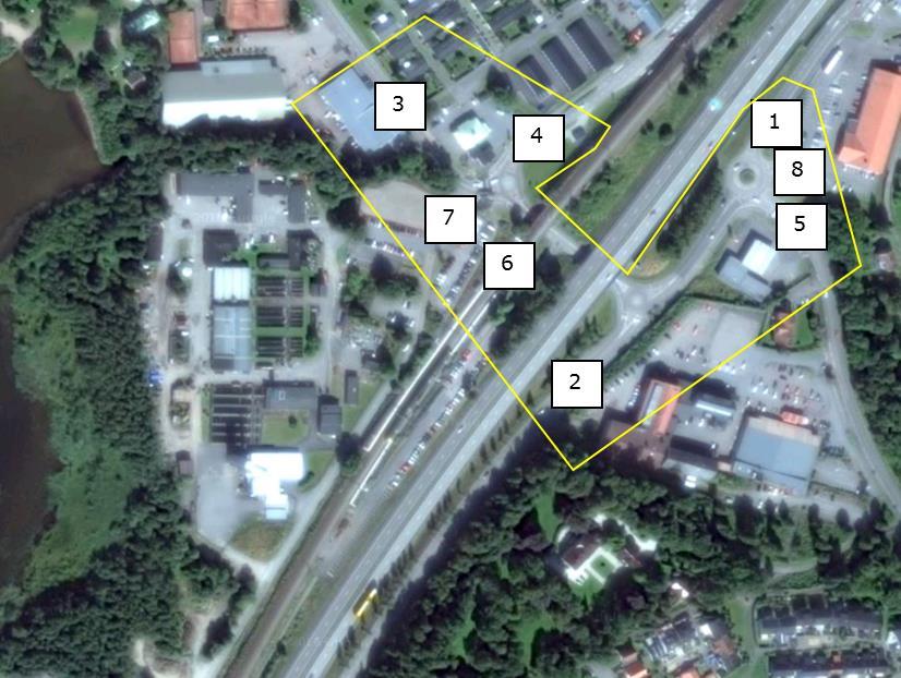 Figur 1. Simuleringsmodellens avgränsningsområde. I rapporten beskrivs dagens trafiksituation efter befintliga och nya trafikmätningar på vägarna som utgör avgränsningsområdet.