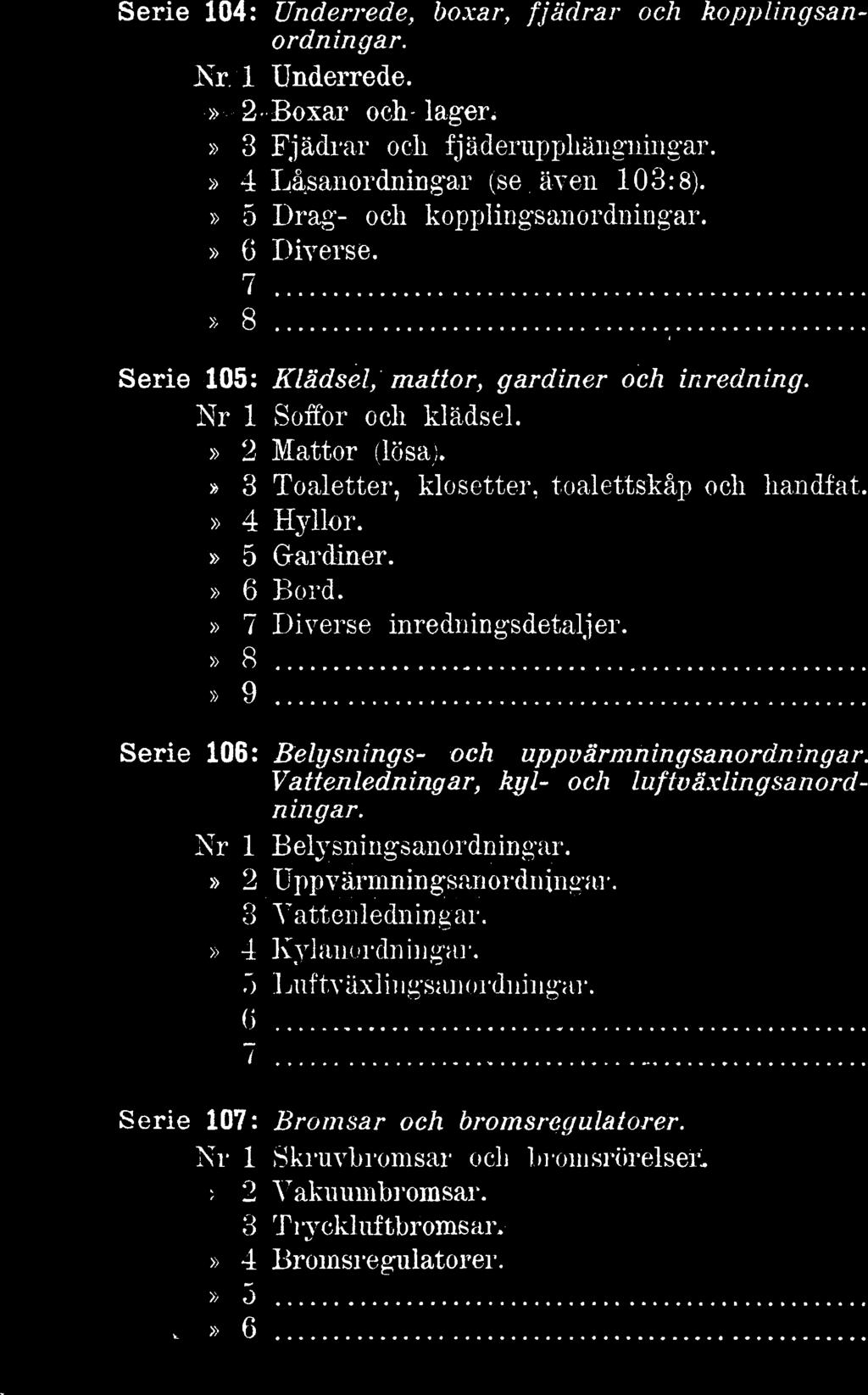 Serie 104: Underrede, boxar, fjädrar och kopplingsanordningar. Nr. 1 Underrede.» 2. Boxar och- lager.» 3 Fjädrar och fjäderupphänguingar. Låsanordningar (se även 103:8).