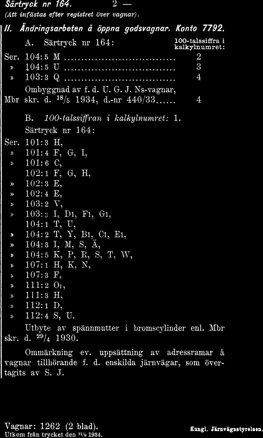 Särtryck nr 164. 2 (Att infästas efter registret över vagnar). //. Ändringsarbeten d öppna godsvagnar. Konto 7792, A. Särtryck nr 164: 100-talssiffra i kalkylnumret: Ser.