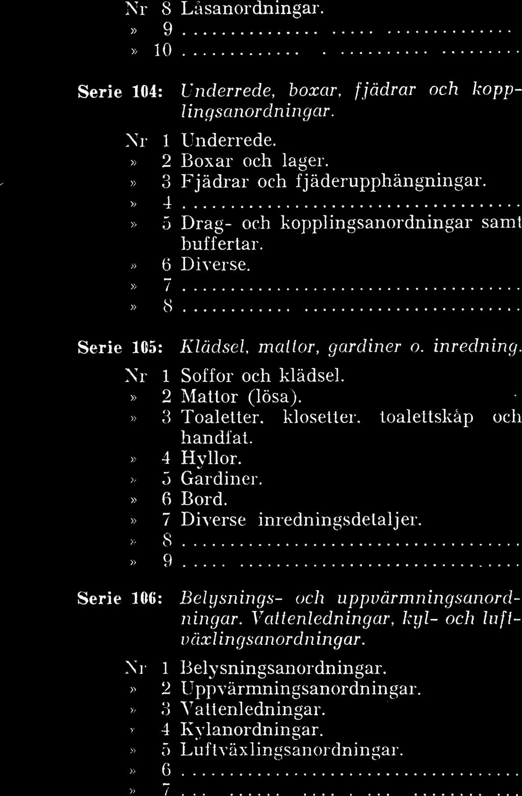 Nr 8 Läsanordningar.» 9 lo Serie 104: Underrede, boxar, fjädrar och kopplingsanordningar. Nr 1 Underrede.» 2 Boxar och lager.» 3 Fjädrar och f j äderupphängningar.