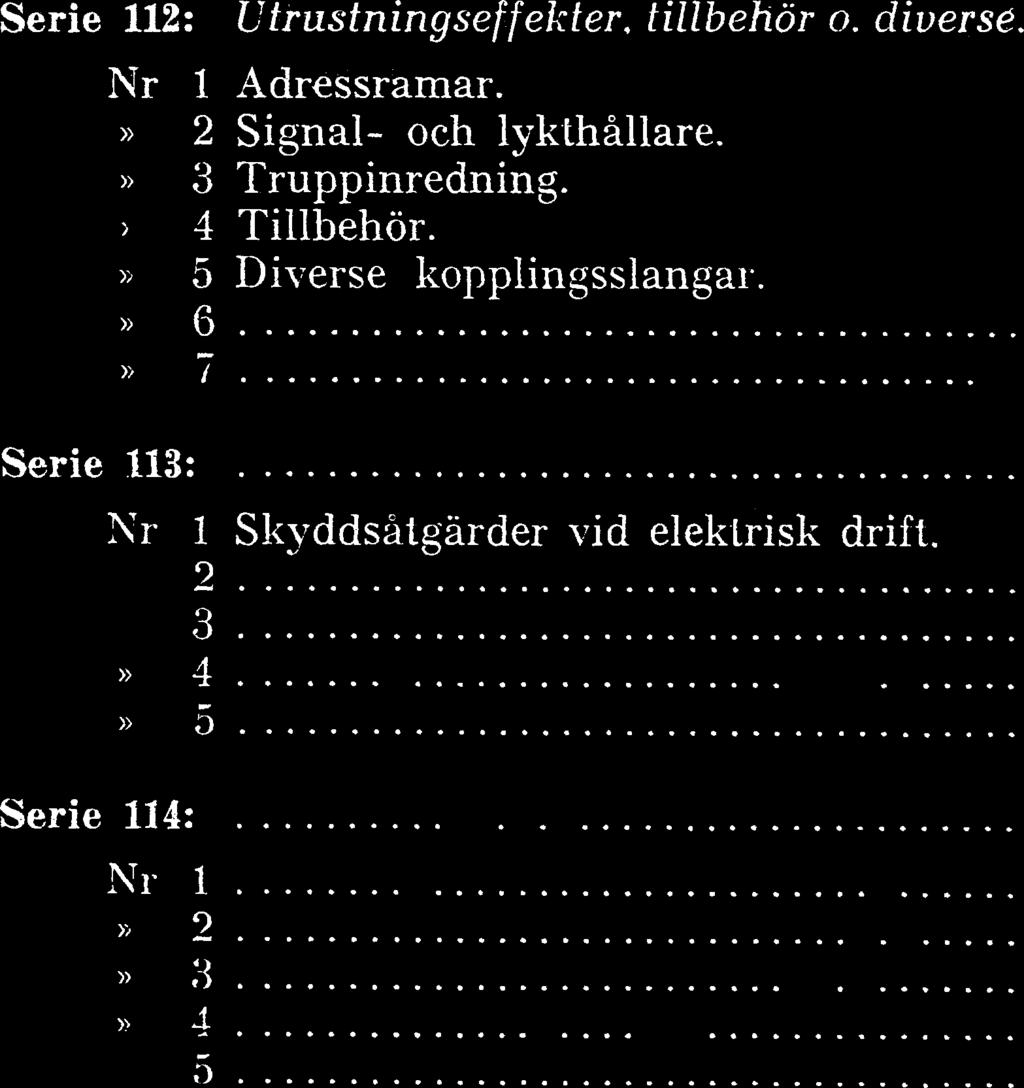 Serie 112: Utrustningseffekter, tillbehör o. diverse. Nr I Adressramar.» 2 Signal- och lykthållare.» 3 Truppinredning.