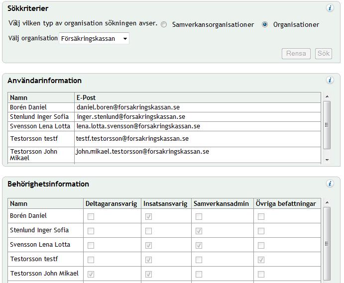 Användarinformation Organisationens samtliga användare (oavsett behörighet) visas med namn och e- postadress.