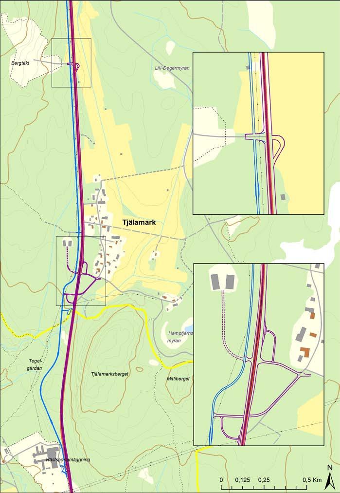 Mötesfri väg Forslunda-Tjälamark Mötesfri landsväg, gles 2+1-väg Ny korsningslösning vid Hippologum, separat vänstersvängfält söderifrån 1+1 körfält Hippologum-Tjälamark 2 körfält norrut från