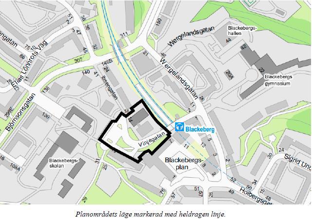 Sida 2 (5) Ärendet Det föreslagna detaljplanområdet som är ca 6700 kvm omfattar fastigheterna Norrmannen 11, del av Grimsta 1:5, del av Blackeberg 2:23 samt del av Närkingen 5.