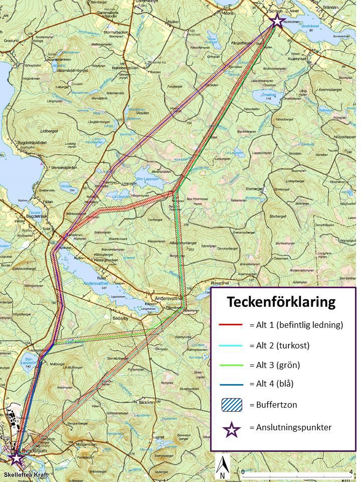 Alternativ, utformning och utförande I figur 2 (samt bilaga 2) redovisas ett antal olika sträckningsalternativ för ledningsdragning där nuvarande ledning ingår som ett alternativ.