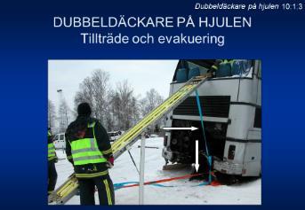 Dubbeldäckare på hjul 10:1:1 10:1:2 Evakuering från undervåningen kan ske på samma sätt som beskrivs kapitel 7.3. Busskrascher med dubbeldäckare ger speciella förhållanden.