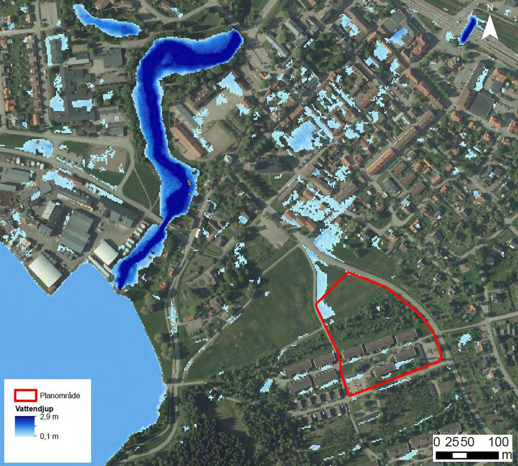 109 ANTAGANDEHANDLING Dnr: SBN 2017/0898 Figuren visar var vatten blir stående med minst 10 cm djup vid ett 100-årsregn och 60 min varaktighet.