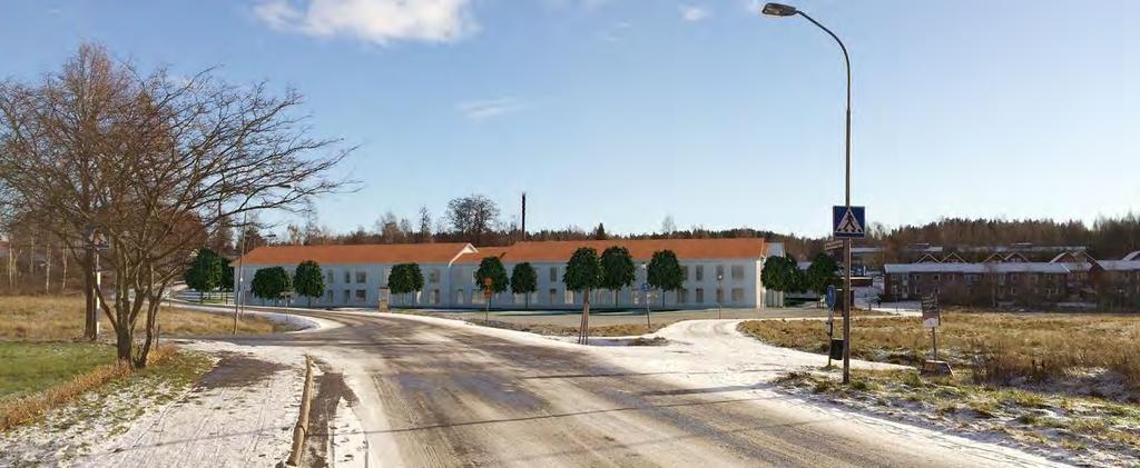 202 Fotomontage som redovisar hur planområdet skulle upplevas från väster om en förskolebyggnad uppförs i enlighet med gällande byggrätt och detaljplan (ovan).