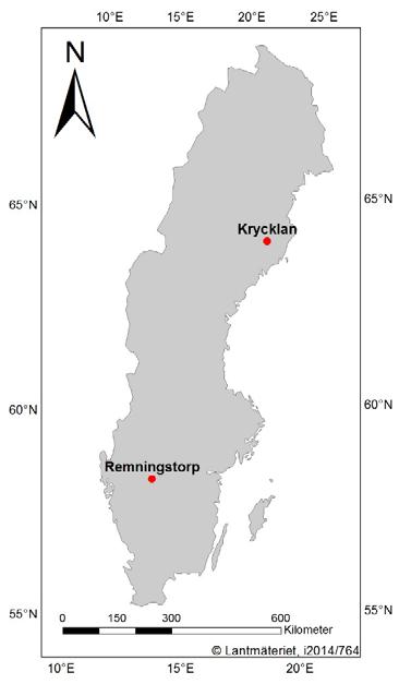 Material Försöksområden Två försöksområden har används vid studien (Fig. 1), de är lokaliserade i Krycklan i norra Sverige (Lat 64 16 N, Long. 19 46 E) och i Remningstorp i södra Sverige (Lat.