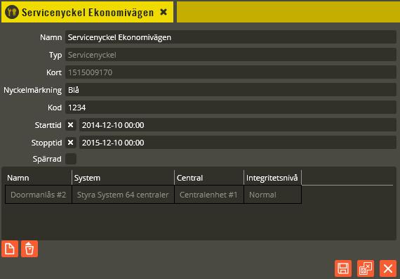 Multiaccess Styra 8.3 Programmering: Servicenycklar 226 Bilden ovan visar när ett doormanlås knutits till servicenyckel.