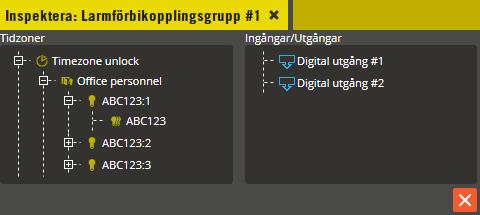 Multiaccess Styra 8.3 Inspekterafunktioner. 280 Här kan du få information om vilka tidzoner larmförbikopplingsgruppen ingår i.