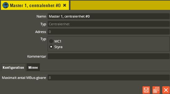 Multiaccess Styra 8.3 Programmering: Enhetskonfiguration, centralenhet 39 Centralenhet master, Styra/MC1 Nästa steg i enhetskonfigurationsbildens trädstruktur är centralenheten.