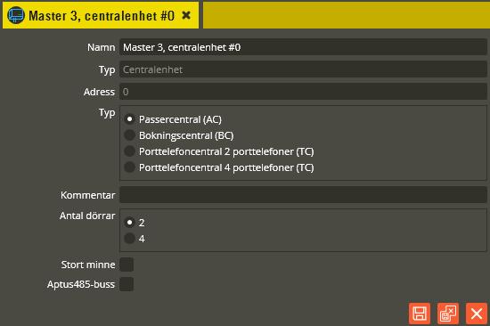 Multiaccess Styra 8.3 Programmering: Enhetskonfiguration, centralenhet 41 Centralenhet master, AC600/700 Klicka på symbolen för centralenhet. Fortsätt med att namnge centralenheten i fältet Namn.