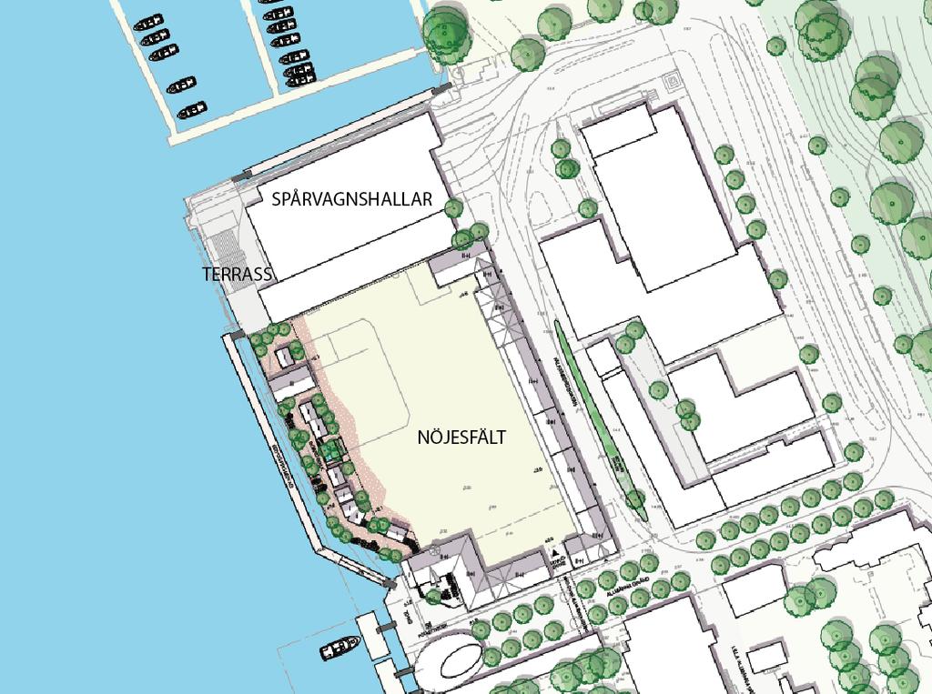 Sida 27 (53) Bryggan i väster ska ansluta till terrassen i intilliggande fastighet för att sedan fortsätta norr om Spårvagnshallarna. Hela sträckan ska vara allmänt tillgänglig.