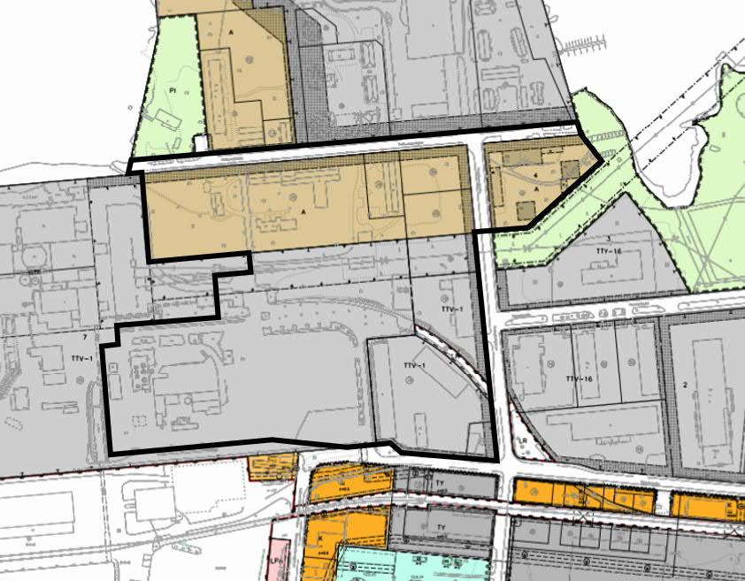lagerbyggnader (TTV- 1), ett bostadskvarter (A), ett kraftöverföringsområde (VS), ett