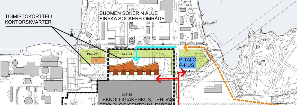 hälften av parkeringsplatserna anvisas enligt detaljplanen i ett parkeringshus i korsningen av Frilundsvägen och Industrigatan, på en tomt öster om Industrigatan.